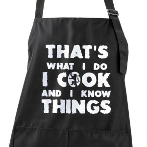 Rosoz Funny BBQ Black Chef Aprons for Men, I Cook and I Know Things Adjustable Kitchen Cooking Aprons with Pocket Waterproof Oil Proof Father’s Day/Birthday-0