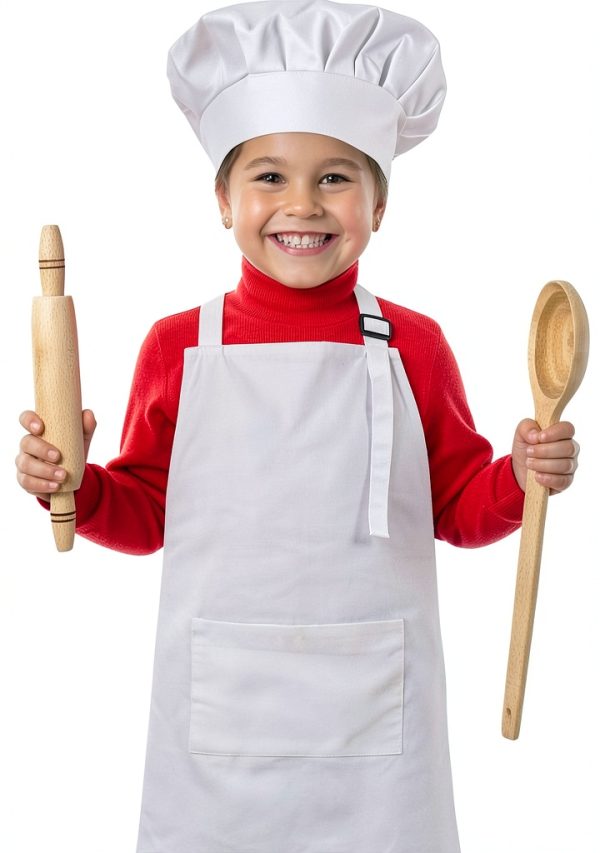 Kids Apron and Chef Hat Set, Adjustable Cotton Child Aprons with Large Pocket White Girls Boys Kitchen Bib Aprons for Cooking Baking Painting-1