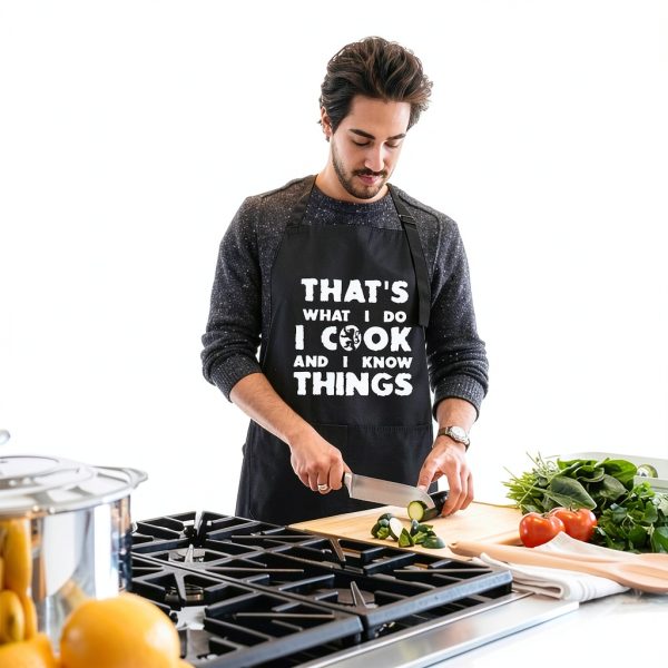 Rosoz Funny BBQ Black Chef Aprons for Men, I Cook and I Know Things Adjustable Kitchen Cooking Aprons with Pocket Waterproof Oil Proof Father’s Day/Birthday-4