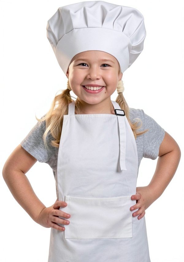Kids Apron and Chef Hat Set, Adjustable Cotton Child Aprons with Large Pocket White Girls Boys Kitchen Bib Aprons for Cooking Baking Painting-0